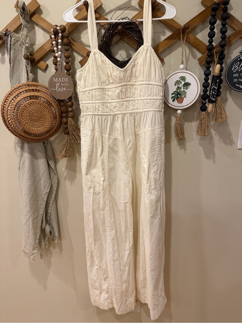 Free People Cream Textured Cotton Jumpsuit